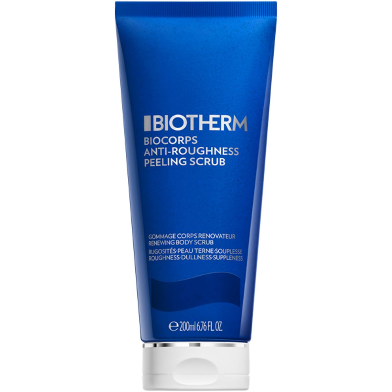 Blaue Tube mit weißem Verschluss. Aufschrift: Biotherm, Biocorps Anti-Roughness Peeling Scrub.