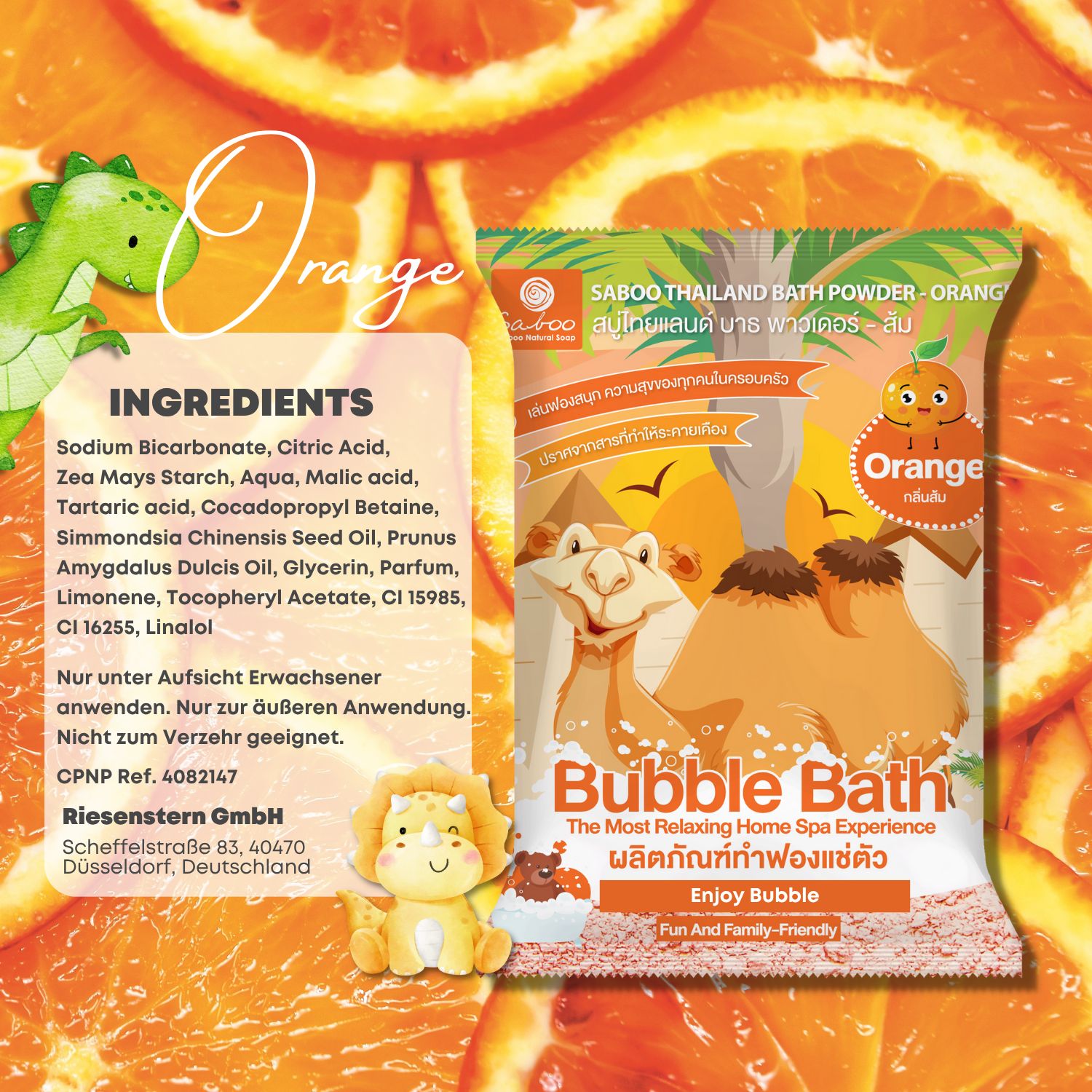 Verpackung von SABOO Schaumbad Pulver - Orange. Zutatenliste, Illustrationen und Logos. Text in Deutsch.