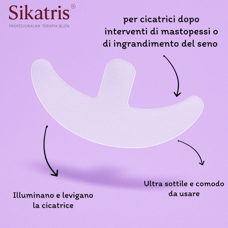 Silikonpflaster mit Text: Sikatris, für Narben nach Brust-OP. Macht Narben heller, glättet sie, ist ultra-dünn und bequem.