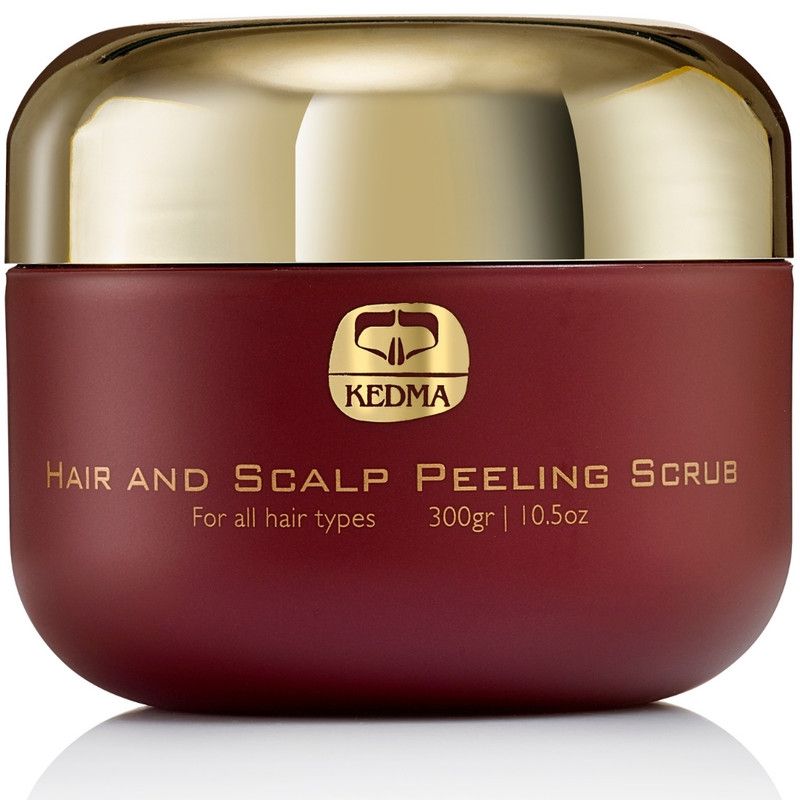 Runde, bordeauxfarbene Dose mit goldenem Deckel. Aufschrift: Kedma, Hair and Scalp Peeling Scrub. Für alle Haartypen. 300gr | 10.5oz.