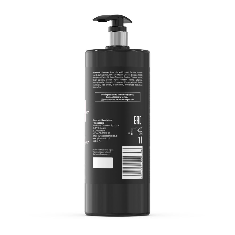 Rückseite einer schwarzen Flasche. Text mit Inhaltsstoffen und Informationen. Barcode und 1L-Markierung.