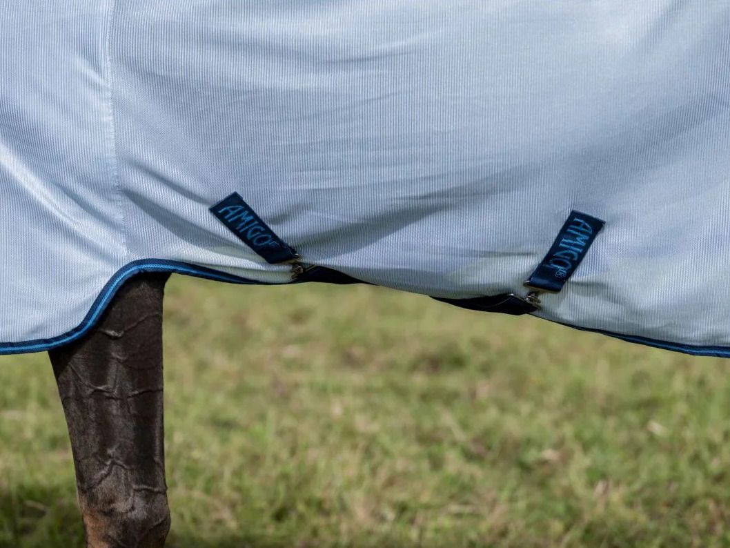 Detailansicht einer hellblauen Pferdedecke mit dunkelblauen Verschlüssen. Aufschrift AMIGO.
