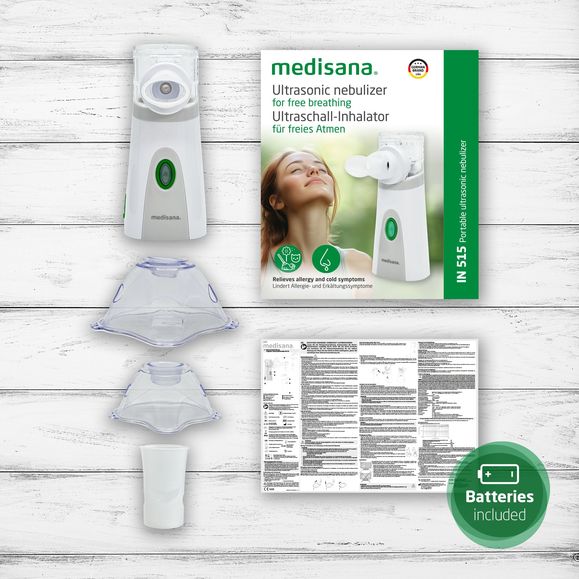 Medisana IN 515 Inhalator, Zubehör, Verpackung und Anleitung.