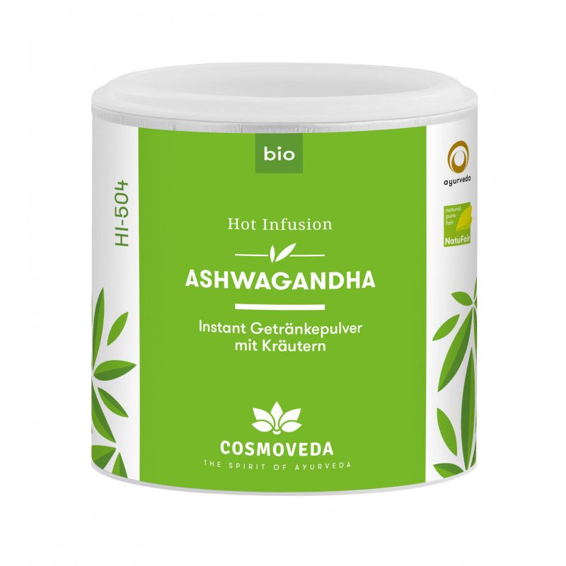 Zylindrische Dose mit grünem Etikett. Aufschrift: Ashwagandha, Instant Getränkepulver. Marke: Cosmoveda. Bio-Siegel.