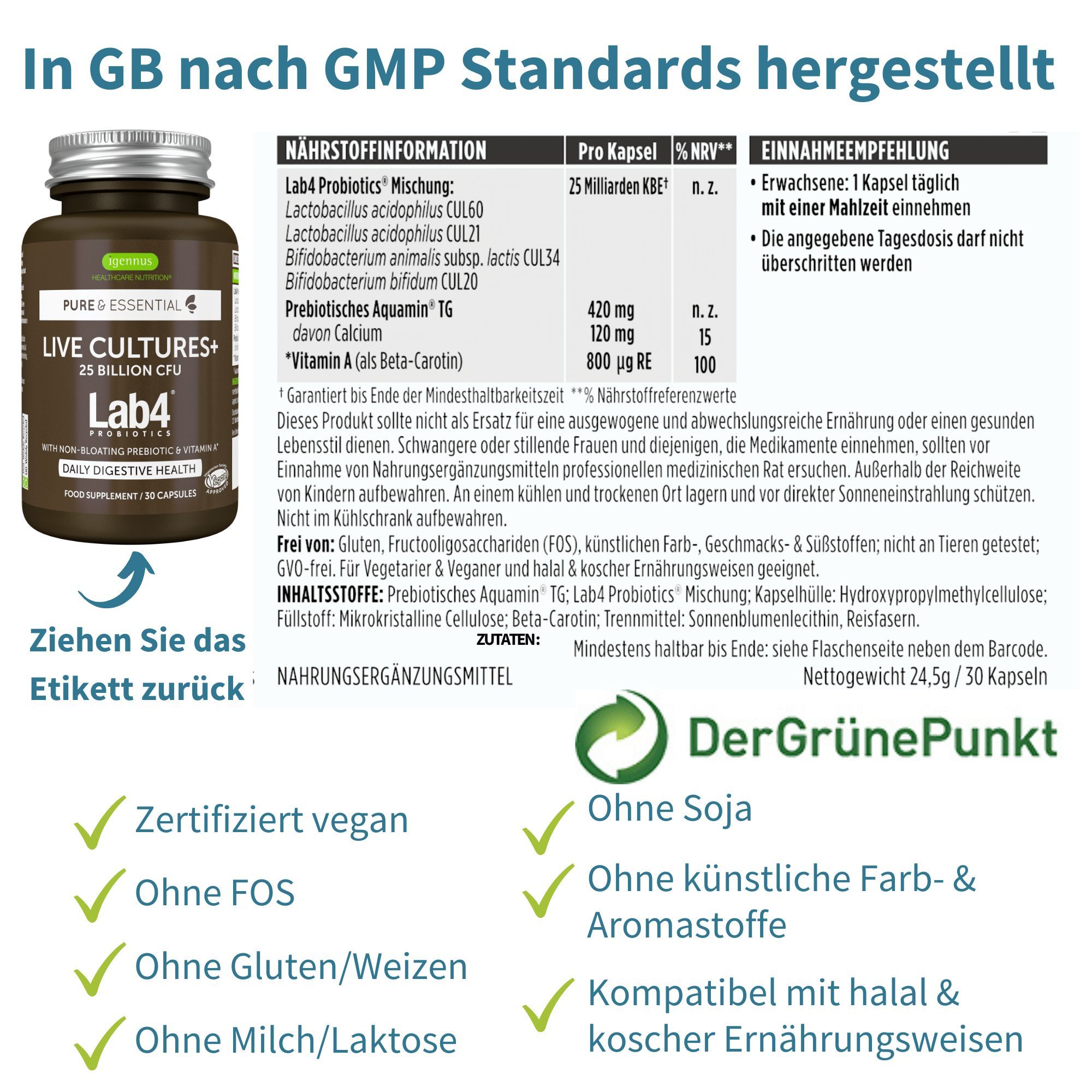 Nährwertangaben und Einnahmeempfehlung für Igennus Probiotika Kapseln.