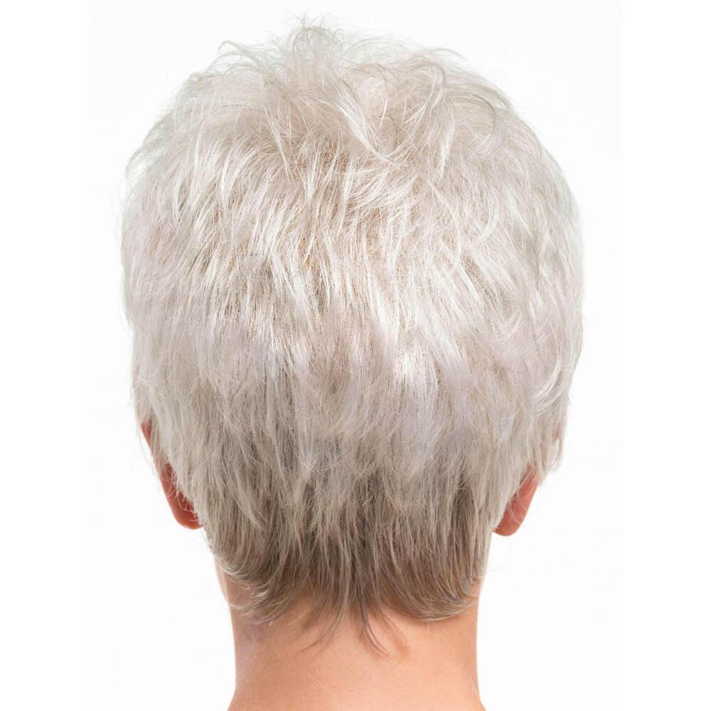 Graue Kurzhaarperücke. Rückansicht. Kurze, graue Haare, leicht gewellt.