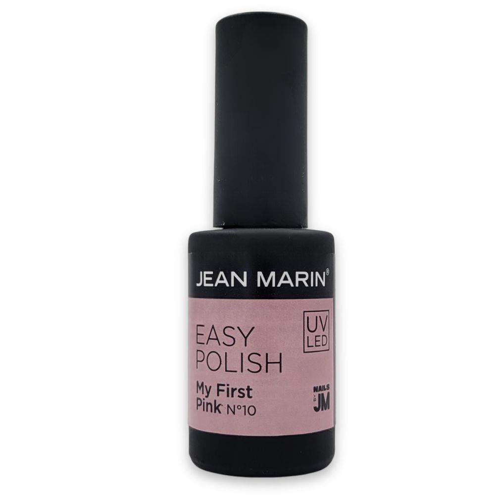 Nagellackflasche von Jean Marin. Schwarze Kappe, rosa Etikett mit Aufschrift 'Easy Polish' und 'My First Pink N°10'.