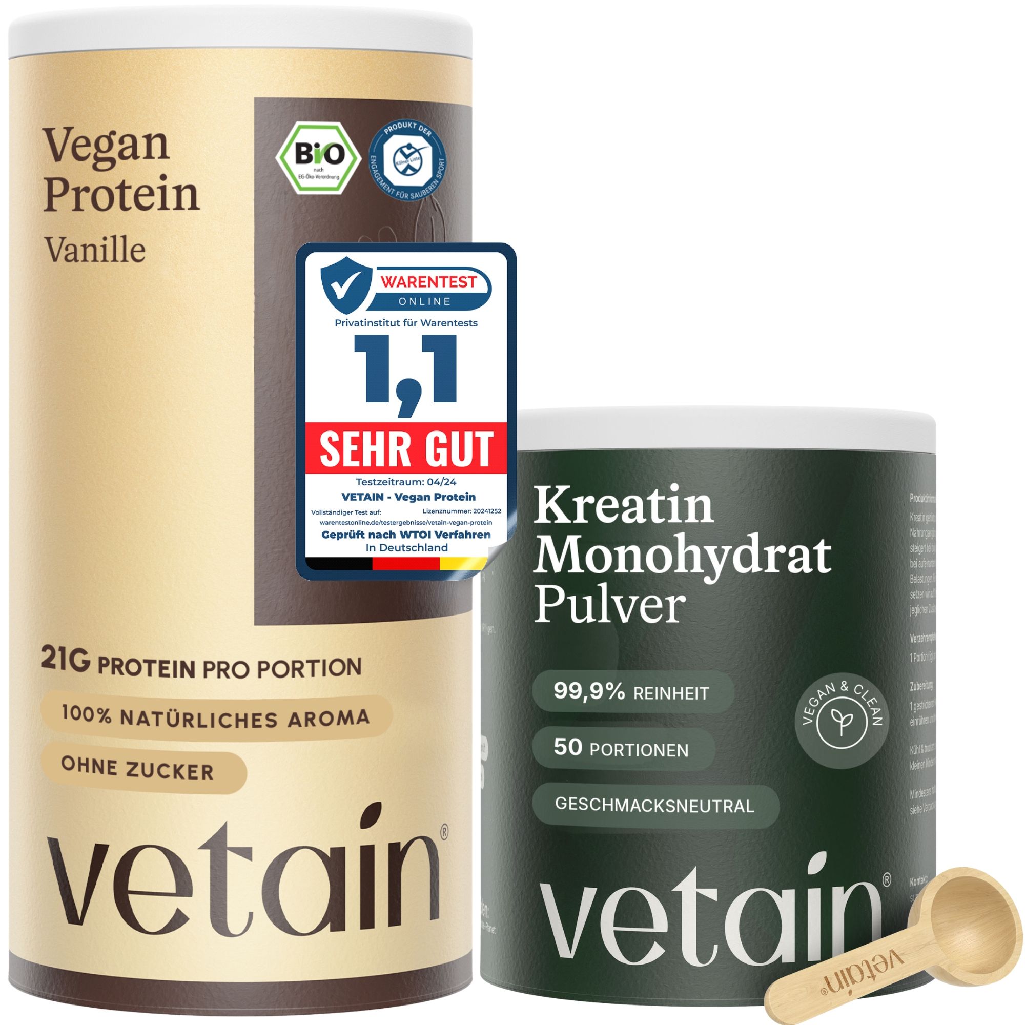 Vetain Proteinpulver Vegan + Kreatin Monohydrat – 21g Protein - fermentiert & ohne Zusätze 2 St Pulver