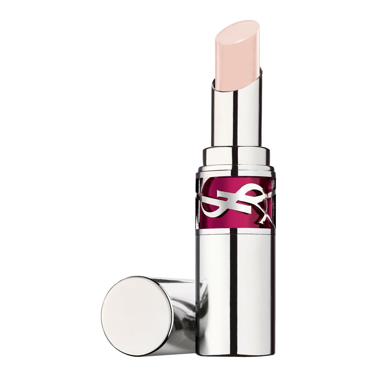 Silberfarbener Lippenstift mit pinkfarbenem Akzent und geöffneter Kappe. Der Lippenstift ist hellrosa.