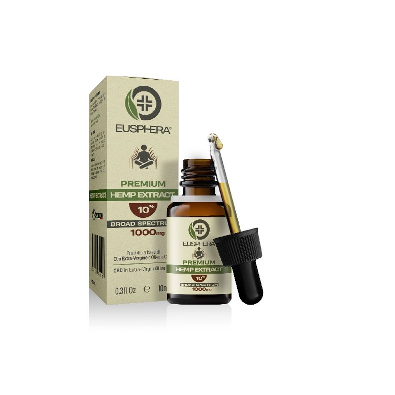 Flacone di vetro marrone con contagocce e scatola. Scritta: Eusphera, 10% Broad Spectrum, 1000mg.