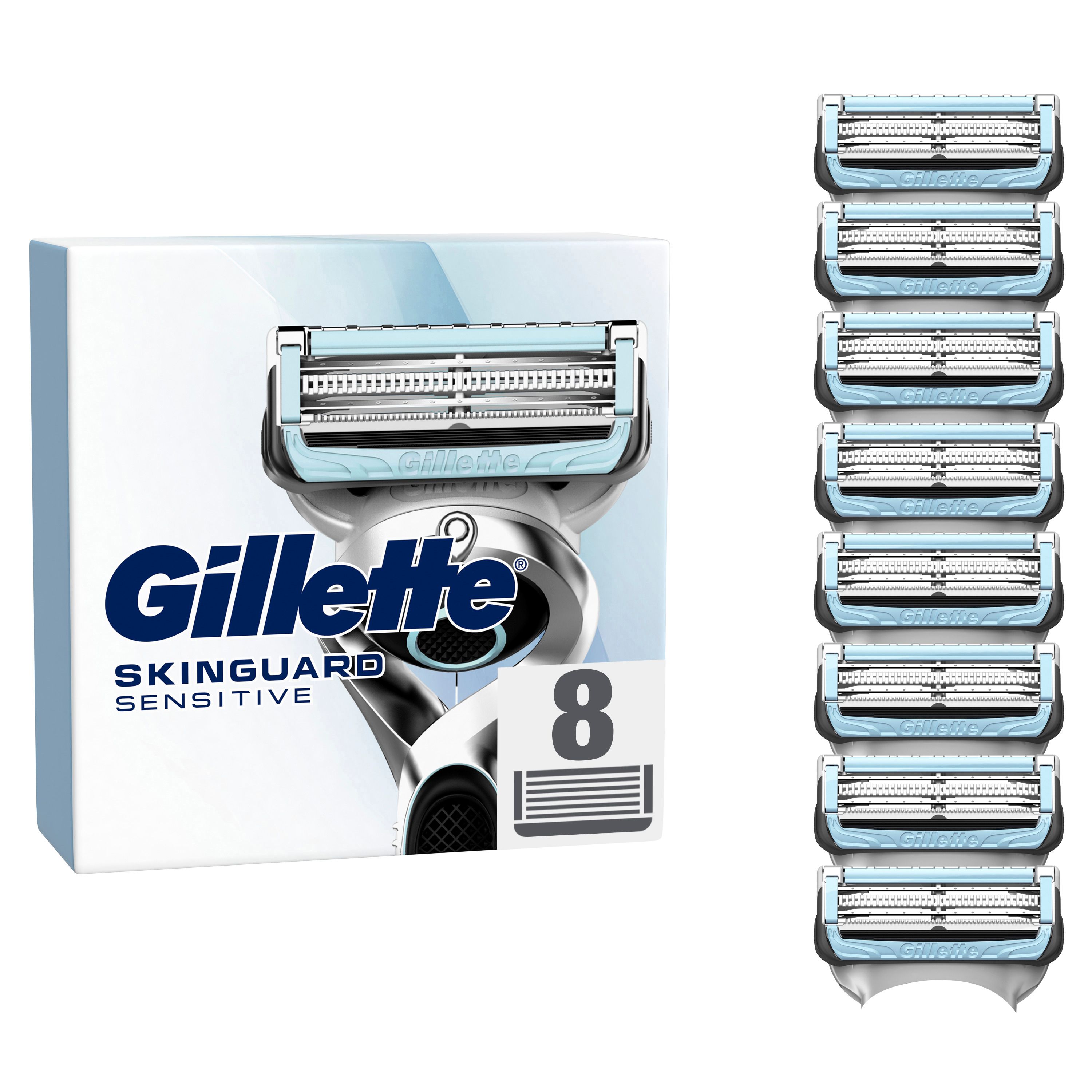 Gillette SkinGuard Sensitive Rasierklingen. Packung mit 8 Klingen und einer Rasierklinge.