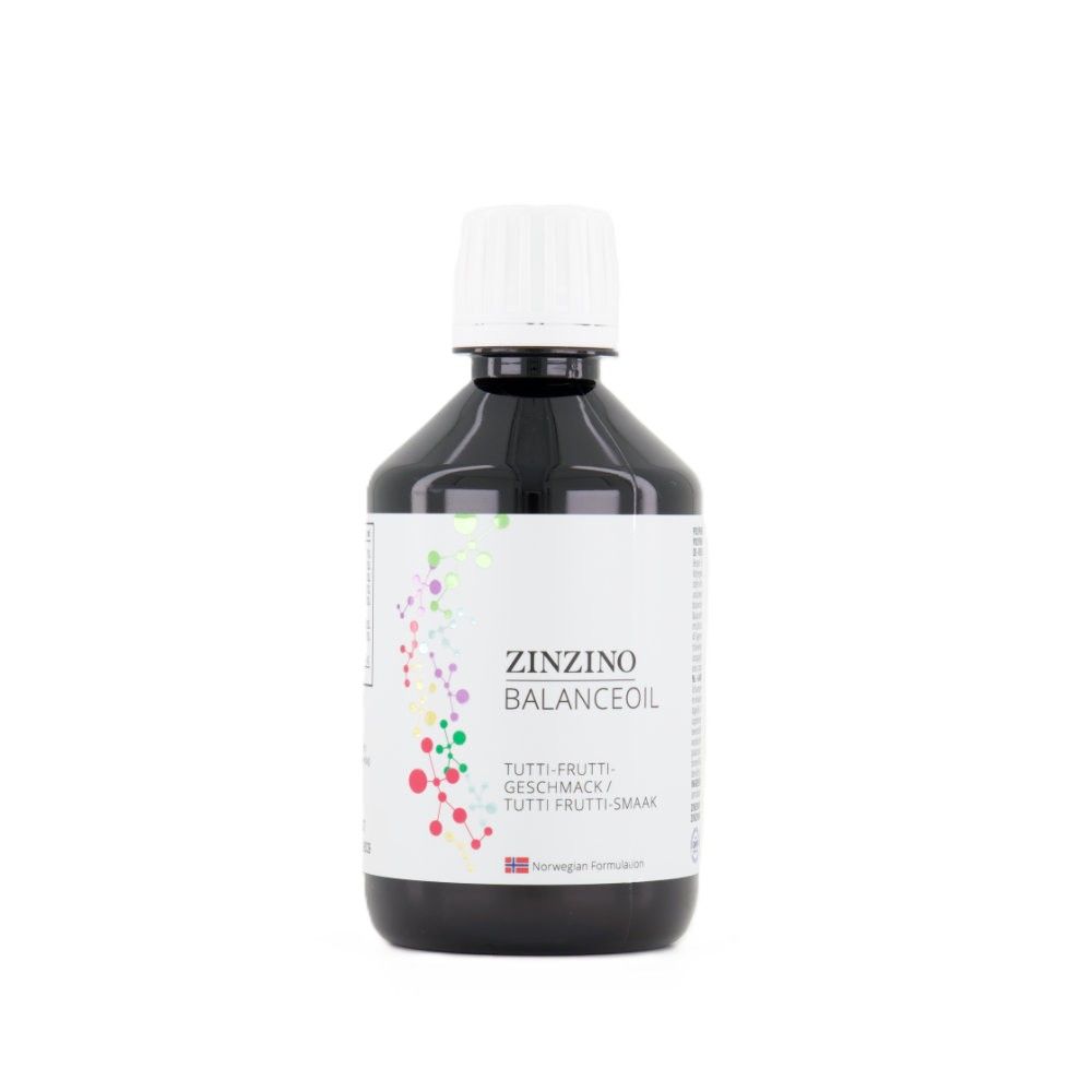 Braune Flasche mit weißem Deckel. Etikett mit "Zinzino BalanceOil+" und "Tutti Frutti Geschmack". Norwegisches Produkt.