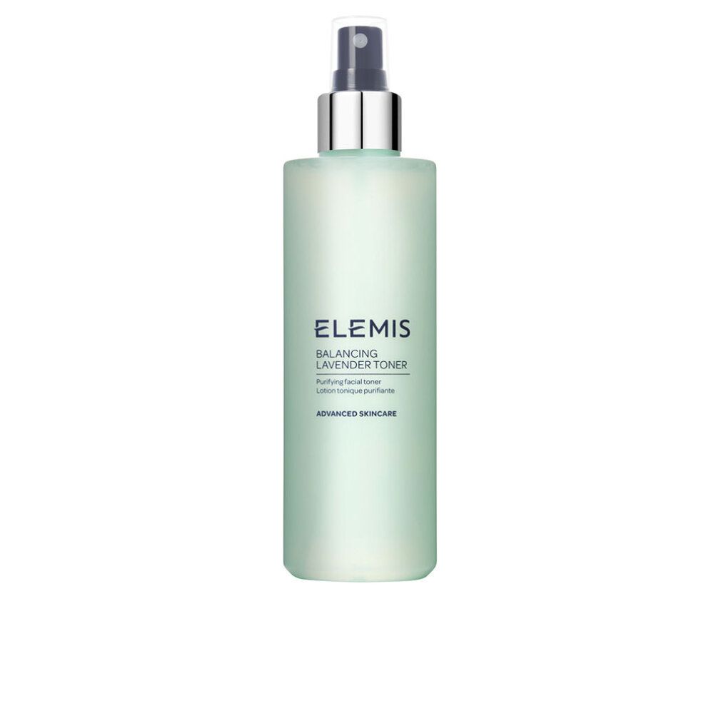 Grüne Flasche Elemis Balancing Lavender Toner mit Sprühkopf. Text: Purifying facial toner.