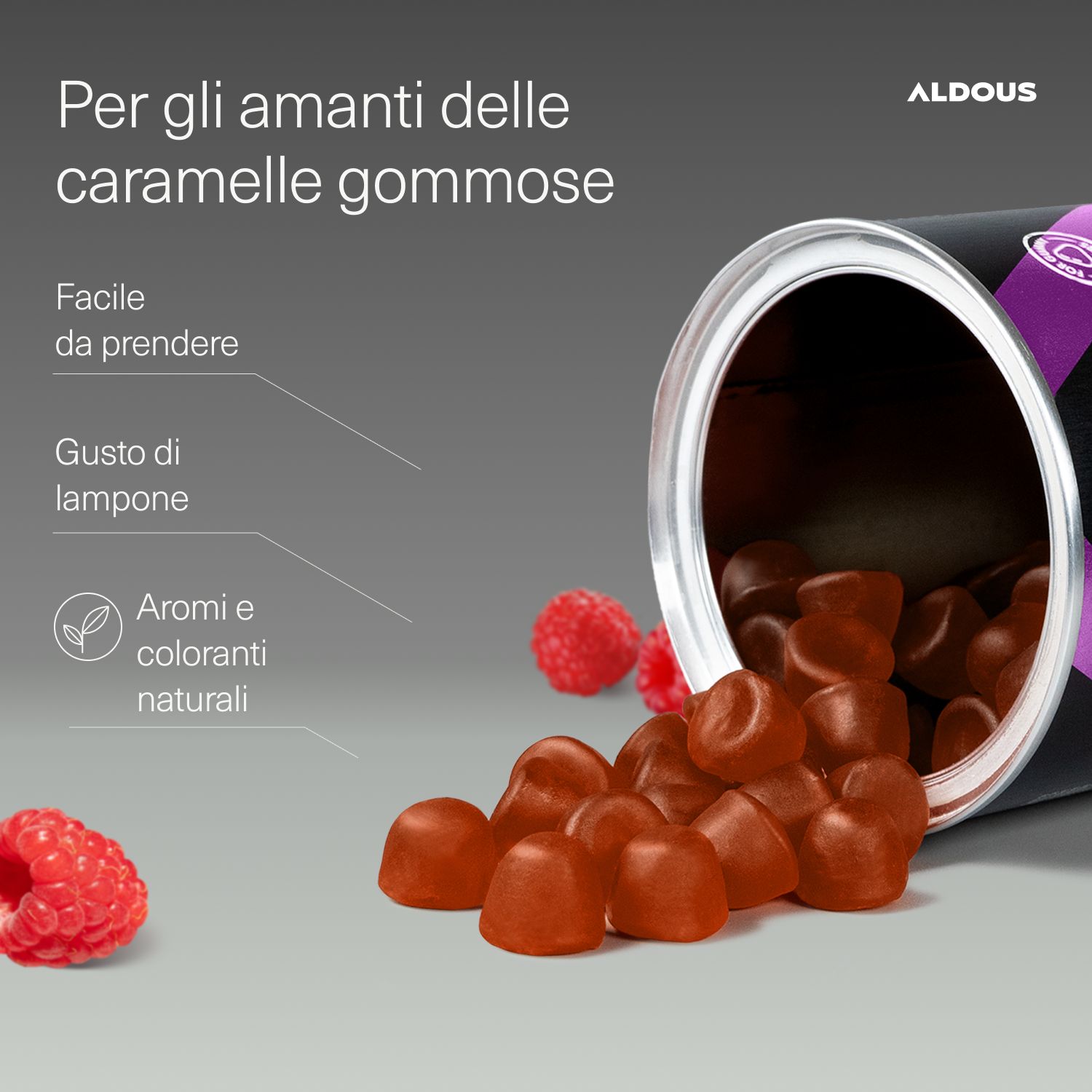 Aldous Colagene Gummies, Himbeergeschmack, natürlich aromatisiert und gefärbt, ohne Gluten.