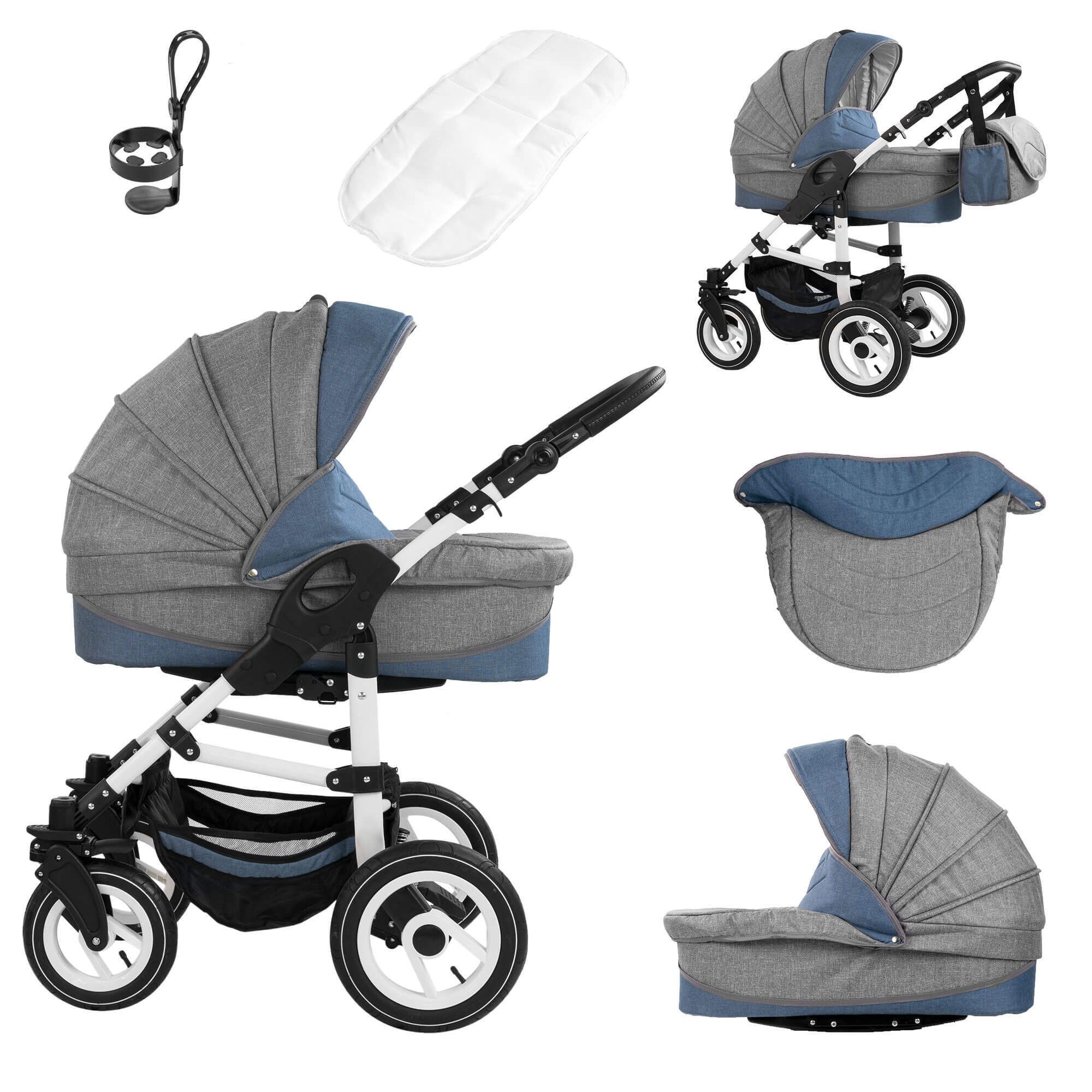 Kombikinderwagen, grau-blau, mit weißem Gestell und Hartgummireifen. Zubehörteile: Becherhalter, Matratze, Tasche.