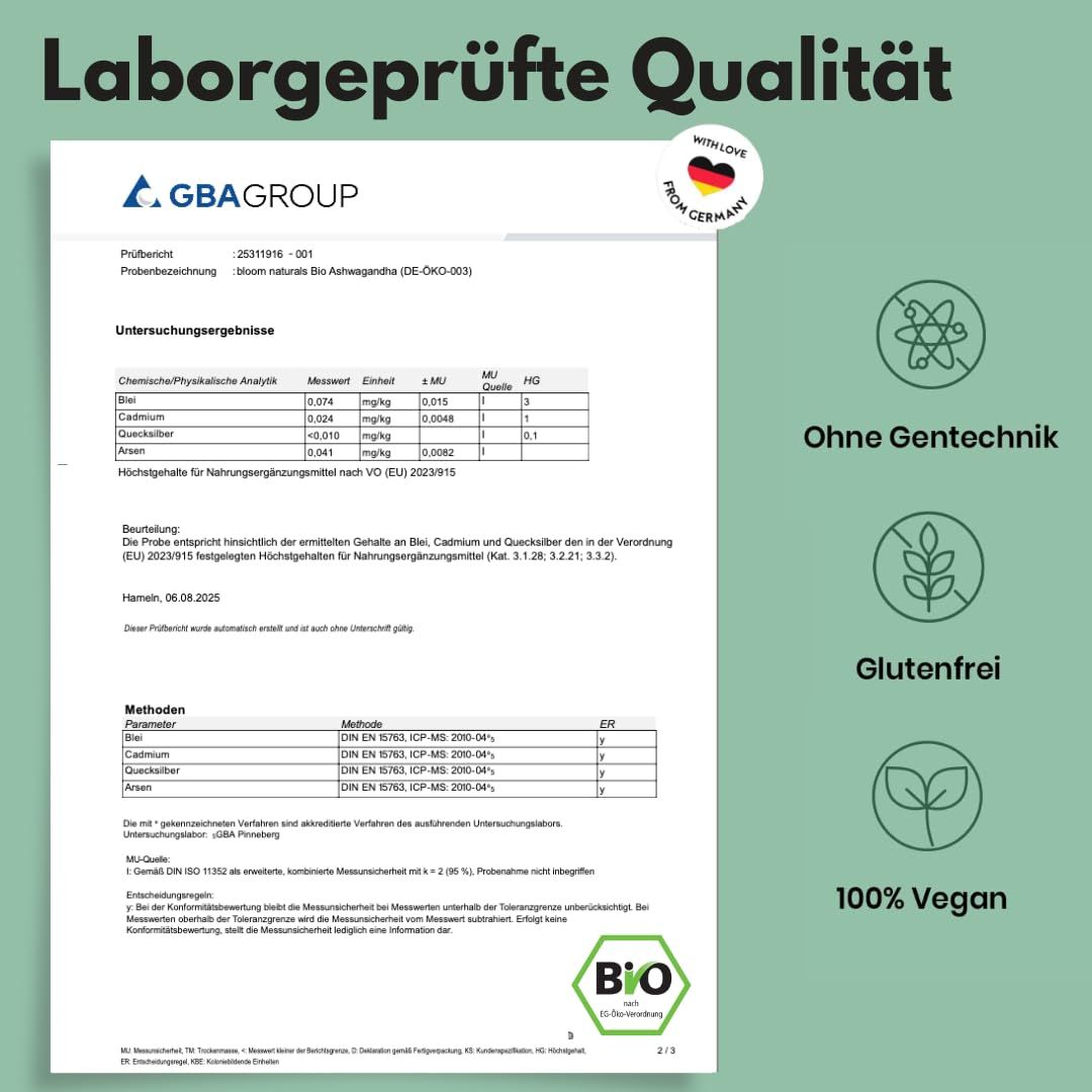 Laborbericht. Text: "Laborgeprüfte Qualität". Ohne Gentechnik, glutenfrei, 100% vegan. Bio-Siegel.