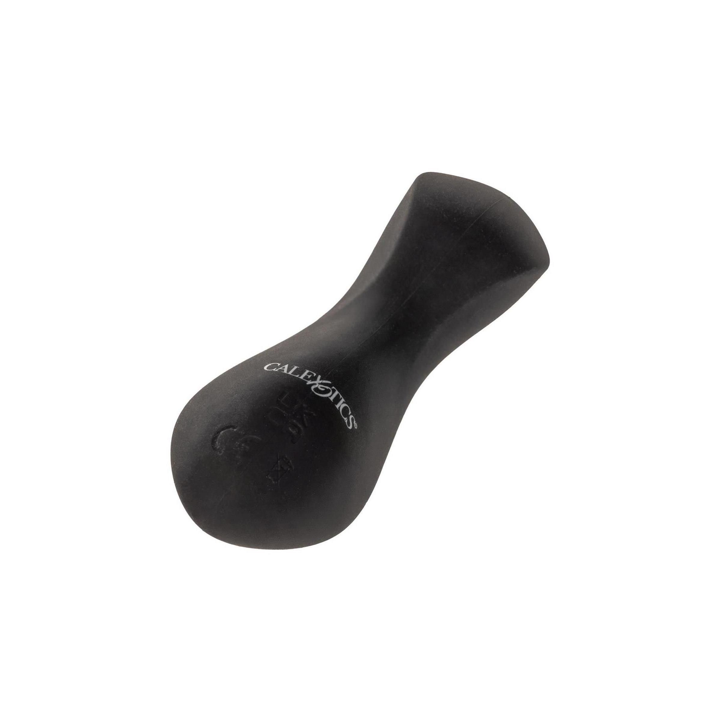 Schwarzes, geschwungenes Wellness-Produkt. Glatte Oberfläche, längliche Form mit abgerundeten Enden. Marke: CALEXOTICS.