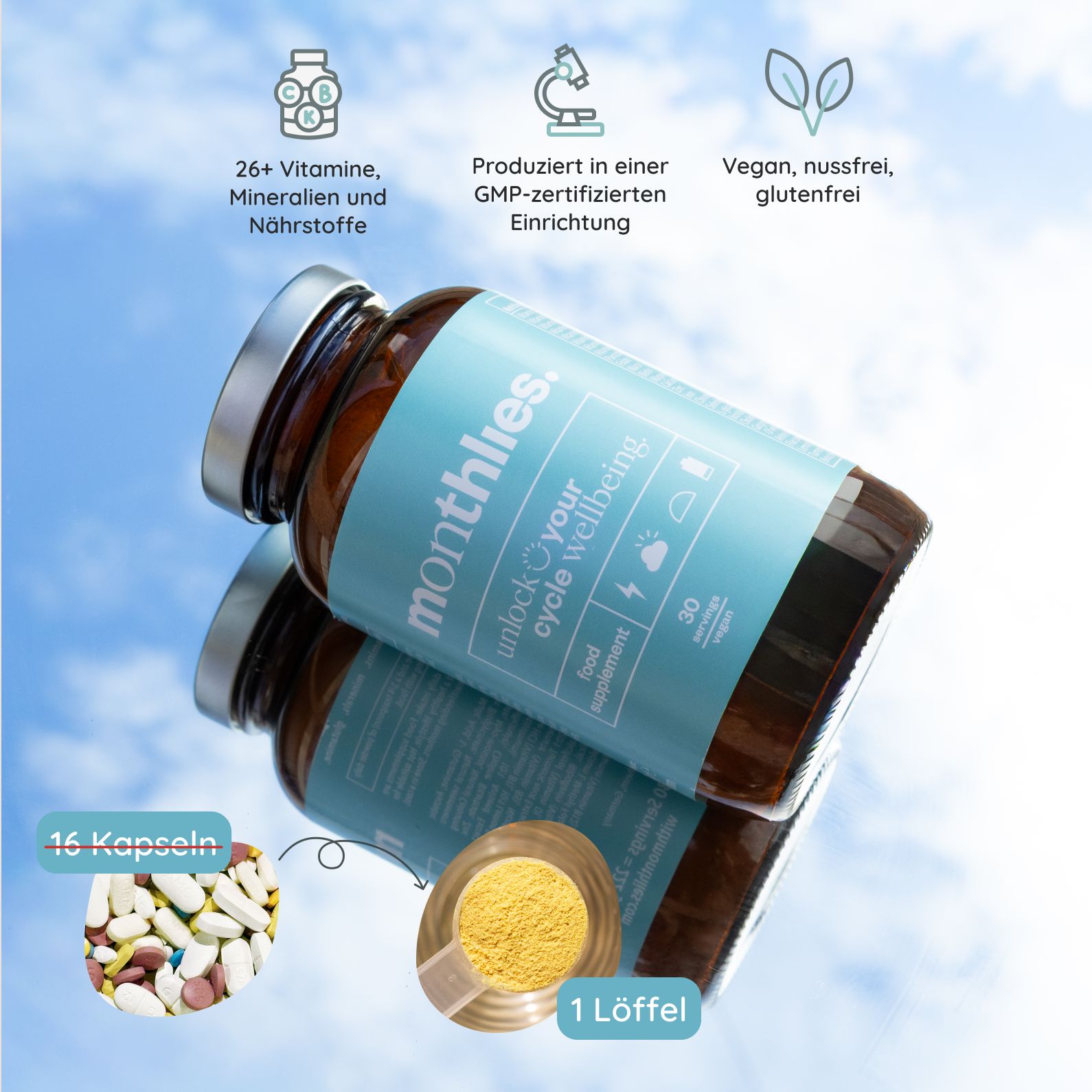 Braune Glasflasche mit blauem Etikett. Aufschrift: monthlies. unlock your cycle wellbeing. 30 servings. 16 Kapseln und 1 Löffel Pulver. 26+ Vitamine, Mineralien.