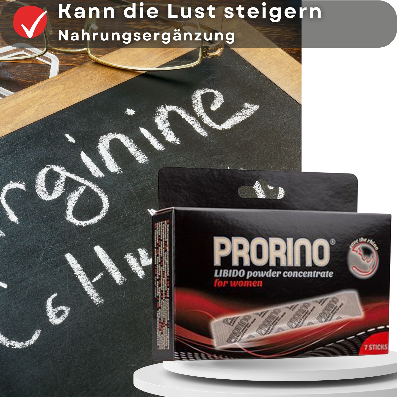 Produktverpackung neben einer Tafel mit Text. Enthält 7 Sticks. "Libido powder concentrate for women".