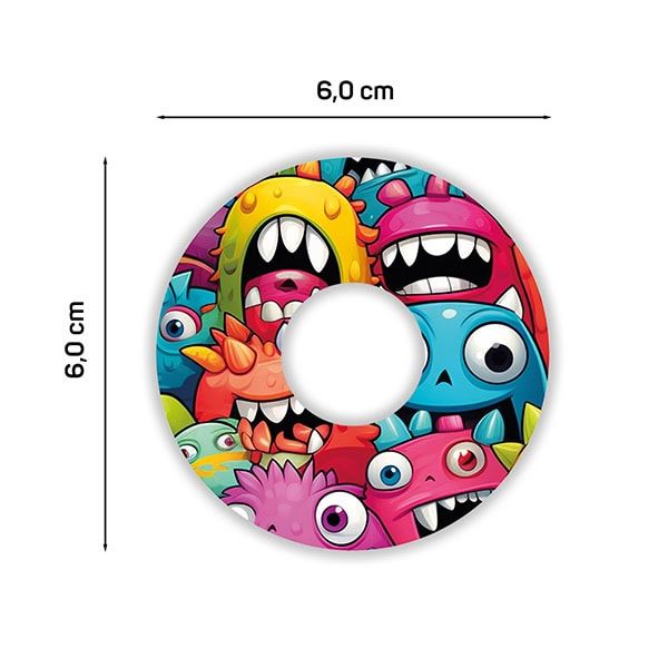 Runder Fixierpflaster mit Monster-Design. Durchmesser 6,0 cm. Mit Loch in der Mitte.