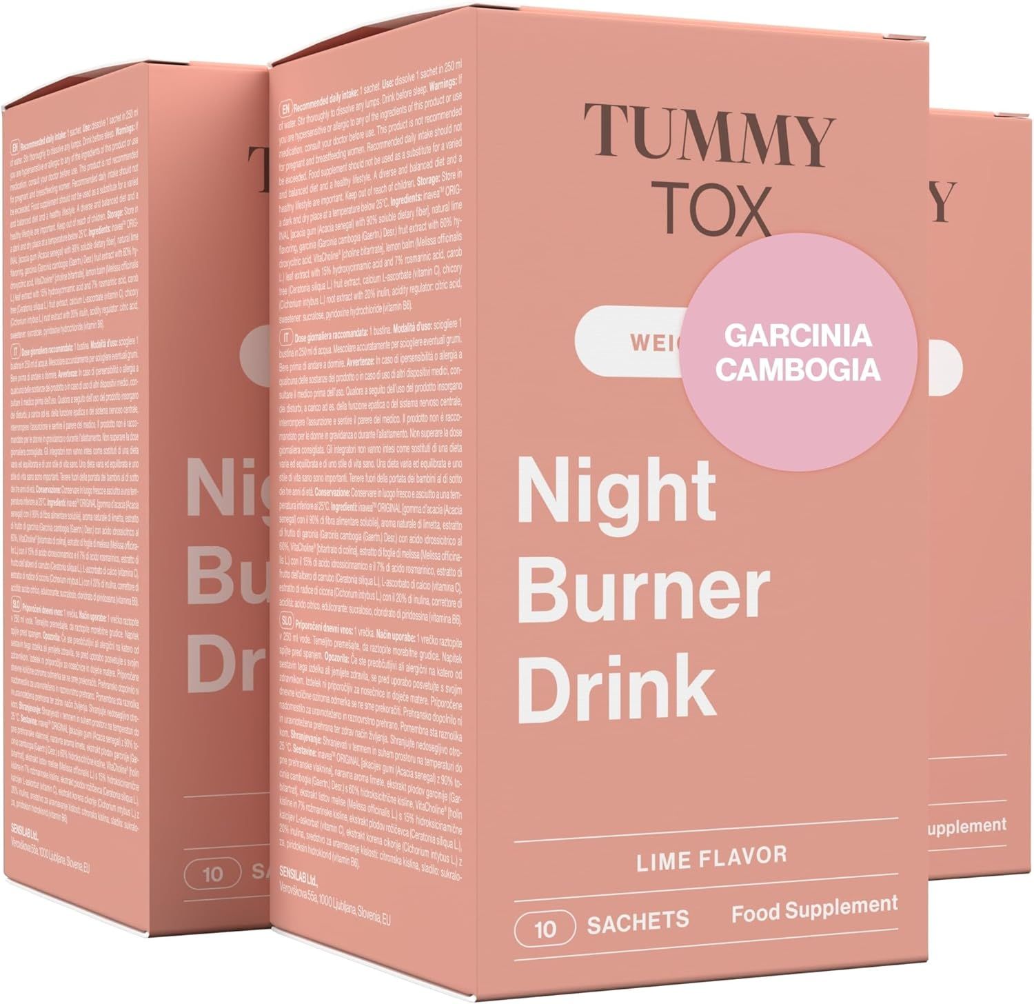 Drei rosa Schachteln mit "Tummy Tox Night Burner Drink"-Aufdruck. Auf einer ist "Garcinia Cambogia" abgebildet.
