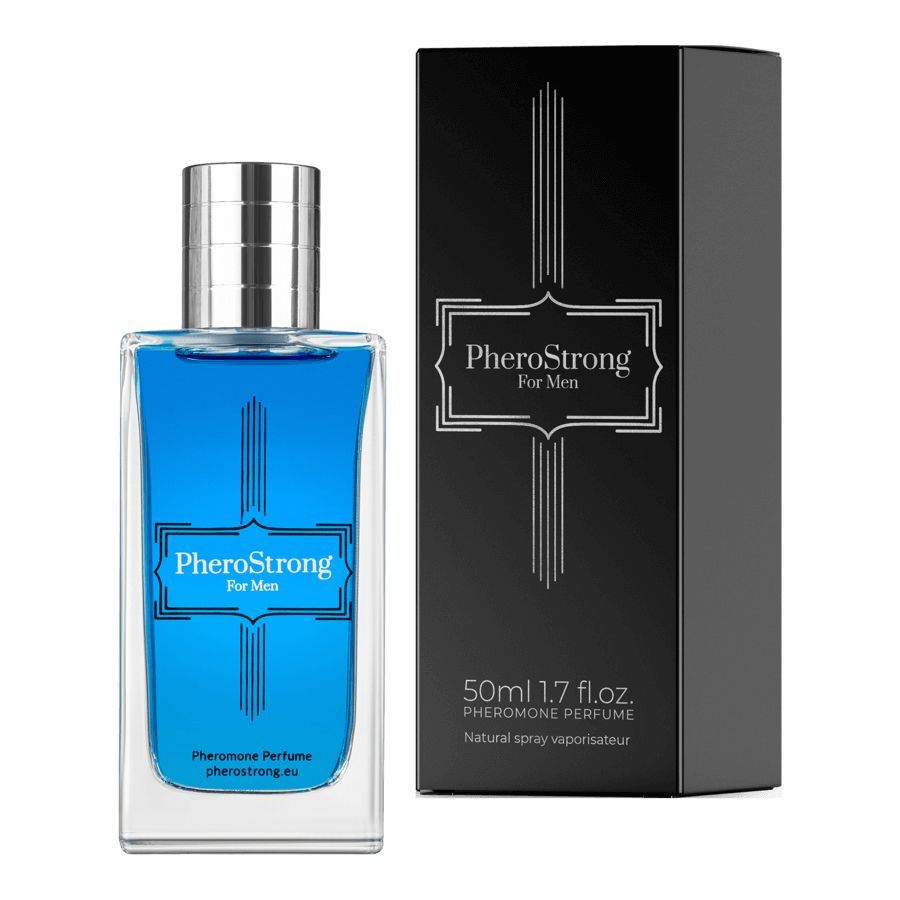Glasflakon mit blauem Inhalt und silbernem Verschluss neben schwarzer Verpackung. Aufschrift: PheroStrong For Men. Pheromon Parfum.