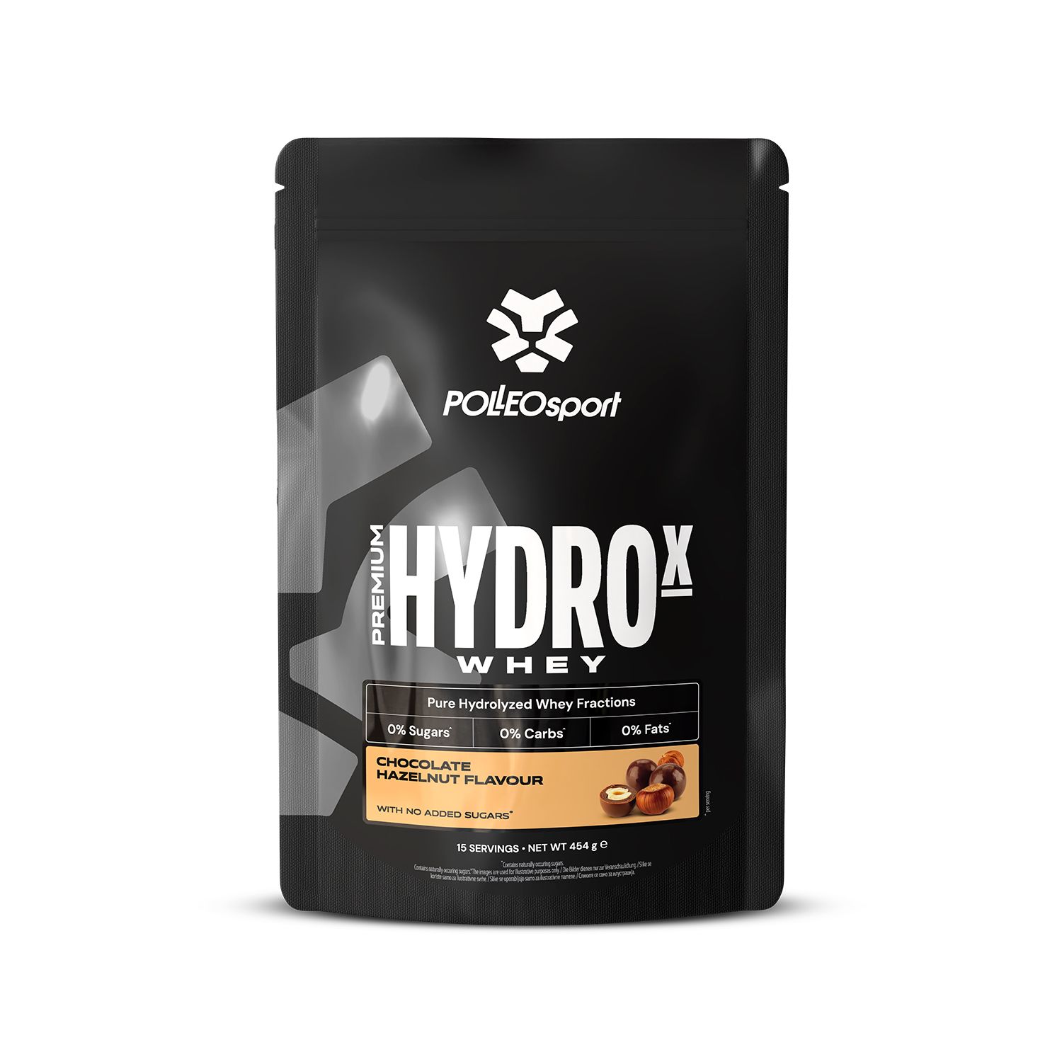 Schwarze Tüte "HYDROX Whey". Schokoladen-Haselnuss-Geschmack. Enthält Nährwertangaben und Logo.