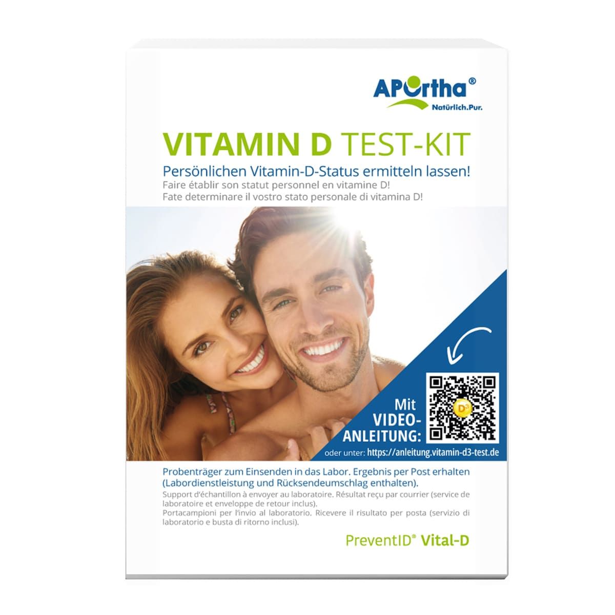 Verpackung des APOrtha® Vitamin-D-Test-Kits. Enthält Testkit, QR-Code für Videoanleitung. Aufdruck: Vitamin D Test-Kit, PreventID Vital-D.