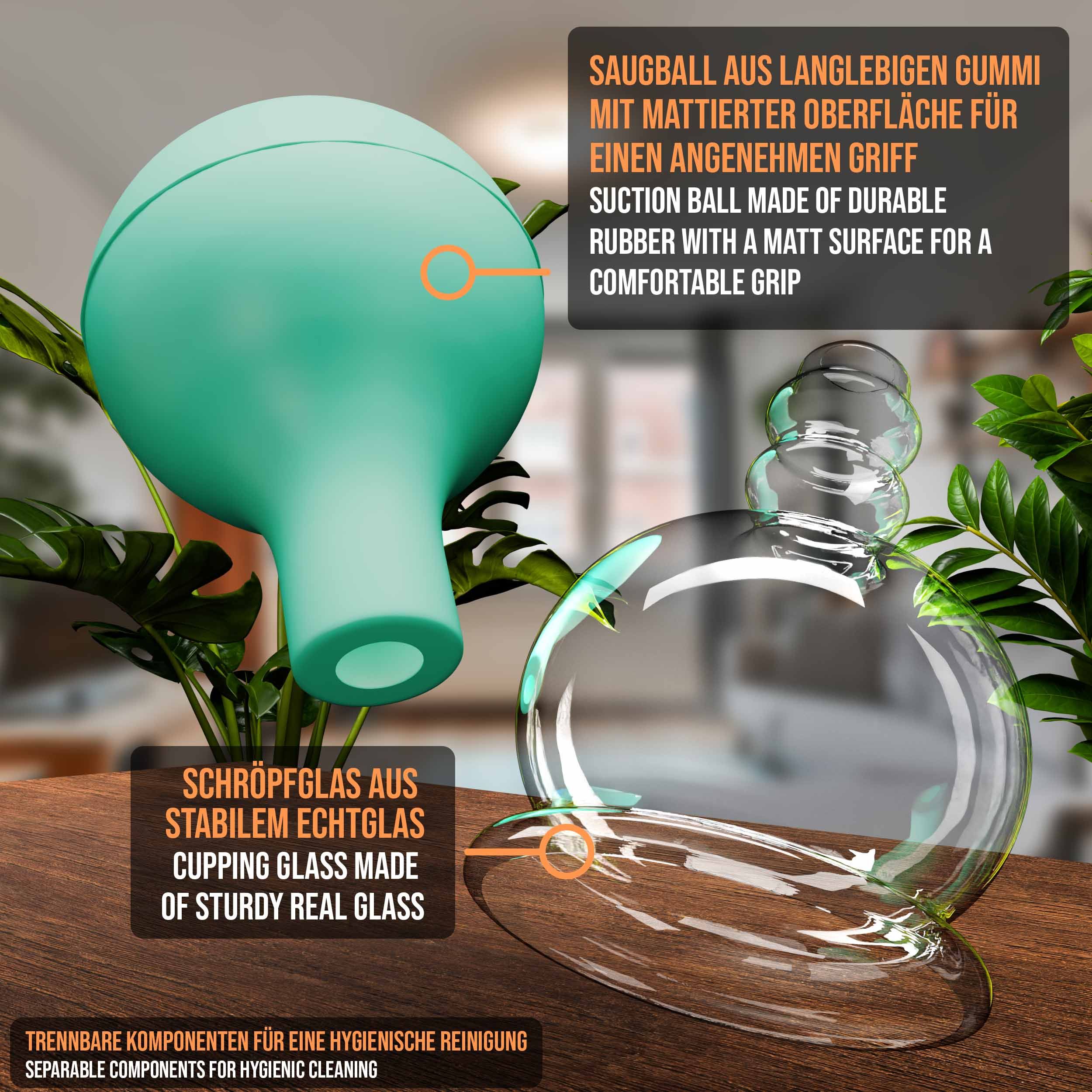 Pulox Schröpfgläser aus Echtglas mit Saugball - Set Trio klein in Grün: 25mm, 32mm, 40mm