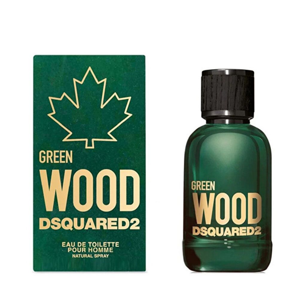 Grünes Parfümflakon und Verpackung. Aufschrift: GREEN WOOD DSQUARED2. Ahornblatt-Logo.