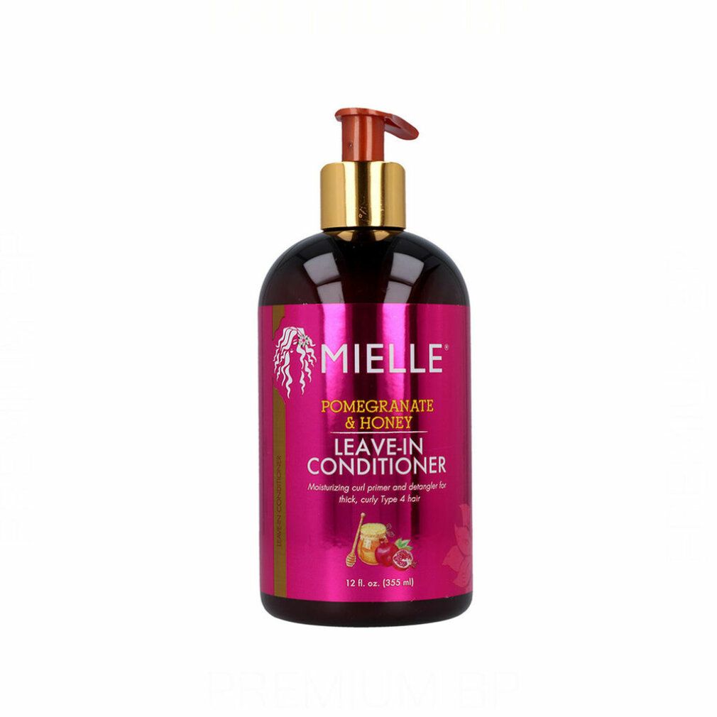 Mielle Leave-In Conditioner Flasche mit Pumpspender, auf weißem, sechseckigem Hintergrund.