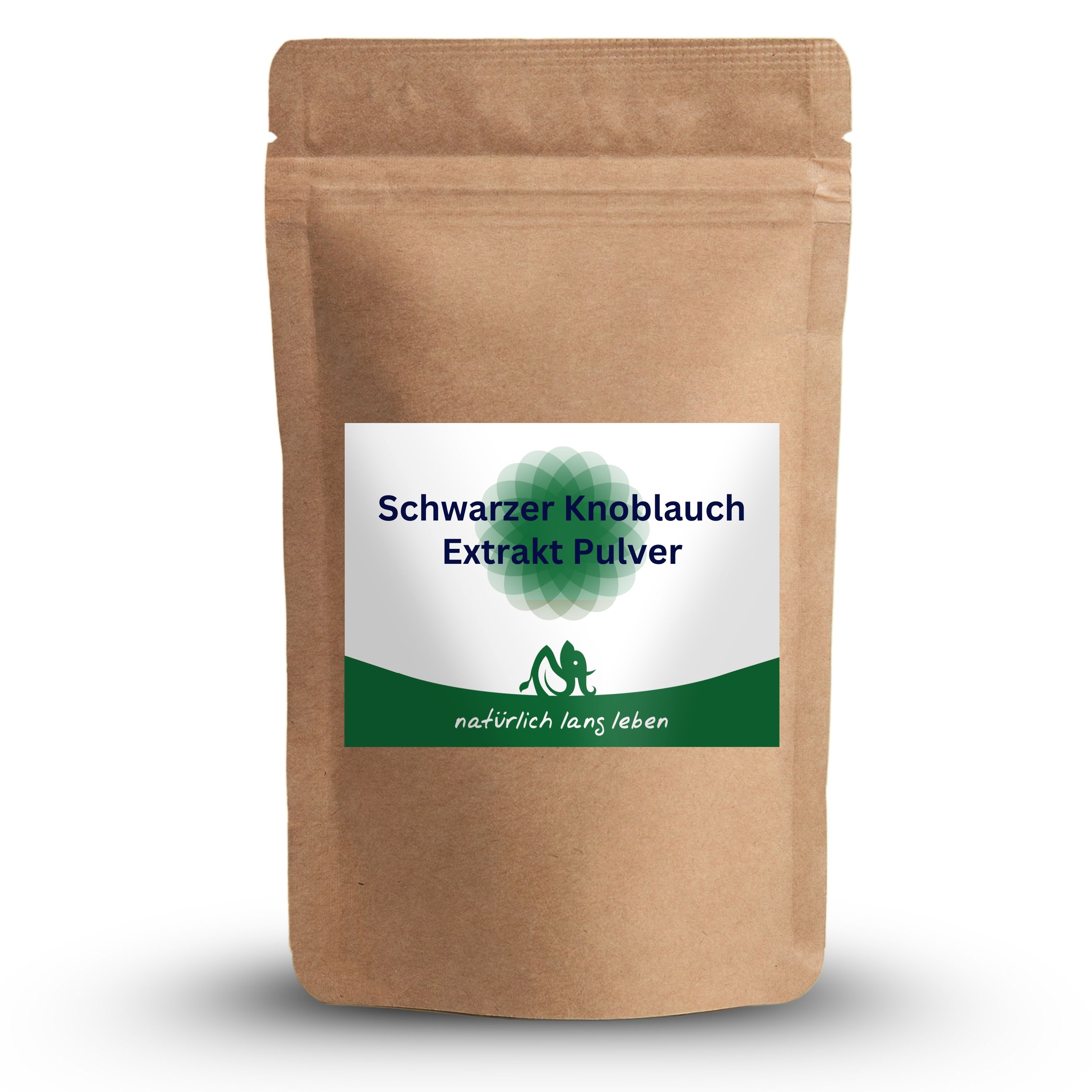 Braune Tüte mit Etikett. Auf dem Etikett steht: Schwarzer Knoblauch Extrakt Pulver. Logo: grüner Baum. Text: natürlich lang leben.