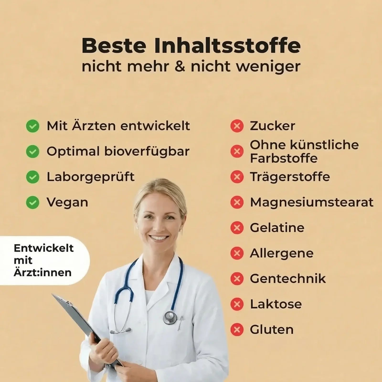 Ärztin mit Klemmbrett. Check-Zeichen für: Mit Ärzten entwickelt, optimal bioverfügbar, laborgeprüft, vegan. Kreuz-Zeichen für: Zucker, künstliche Farbstoffe.