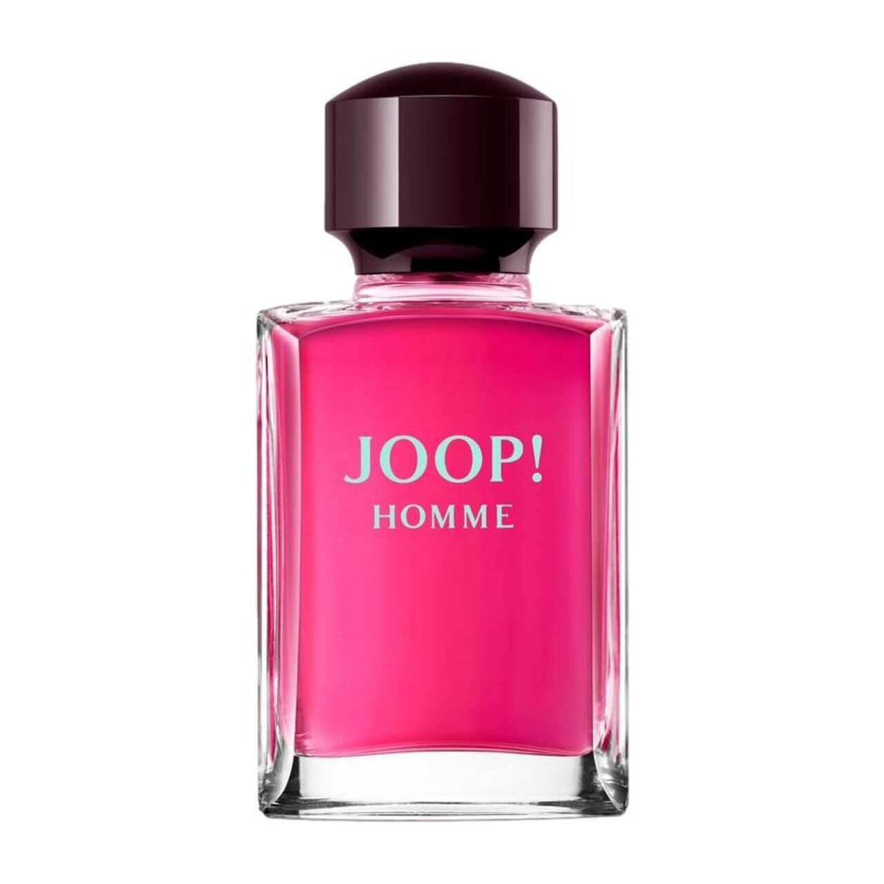JOOP! HOMME Flakon. Rechteckige Form, pinkfarbenes Glas, schwarzer Deckel. Schriftzug JOOP! HOMME.