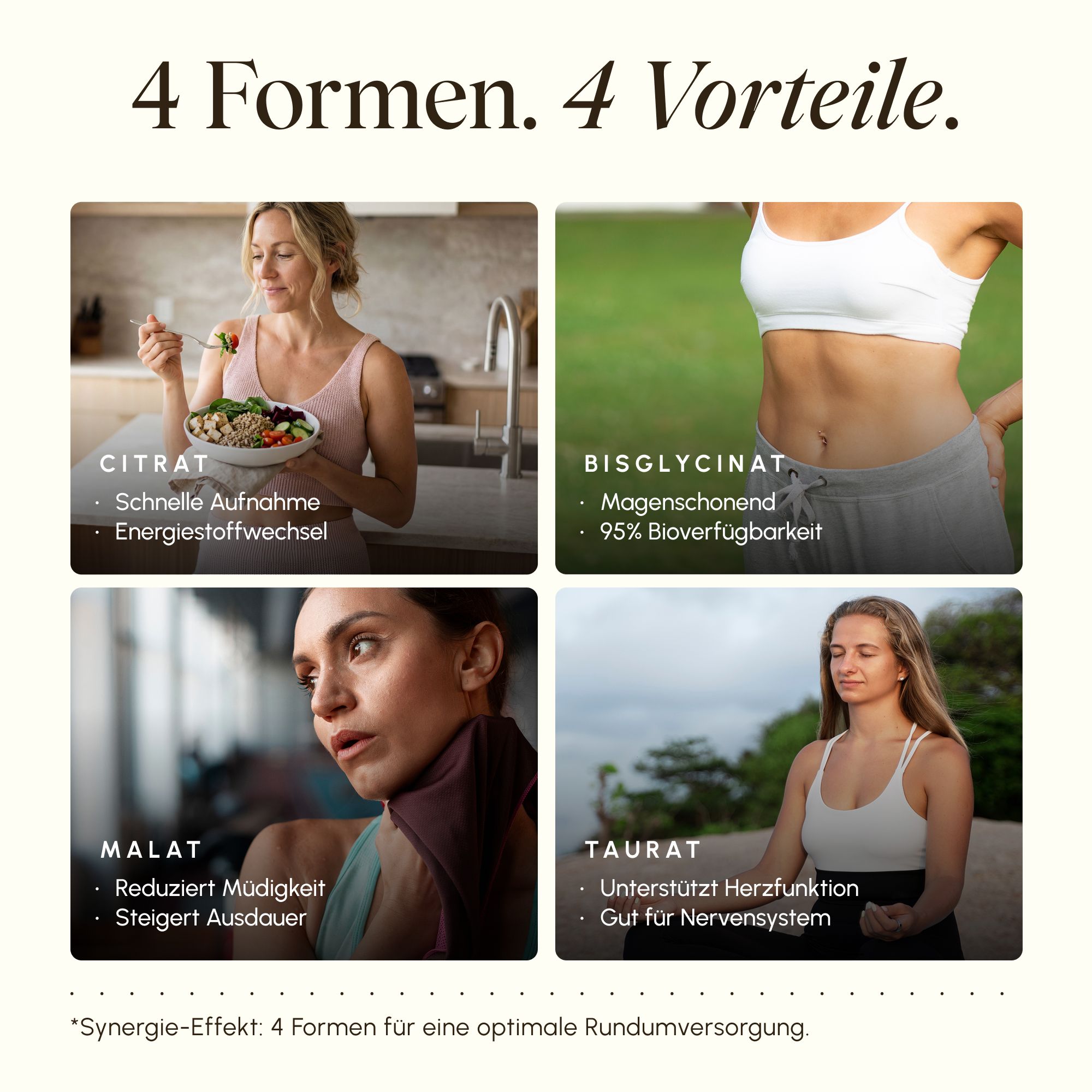4 Magnesiumformen: Citrat, Bisglycinat, Malat, Taurat. Vorteile für Aufnahme, Magen, Müdigkeit, Nerven.