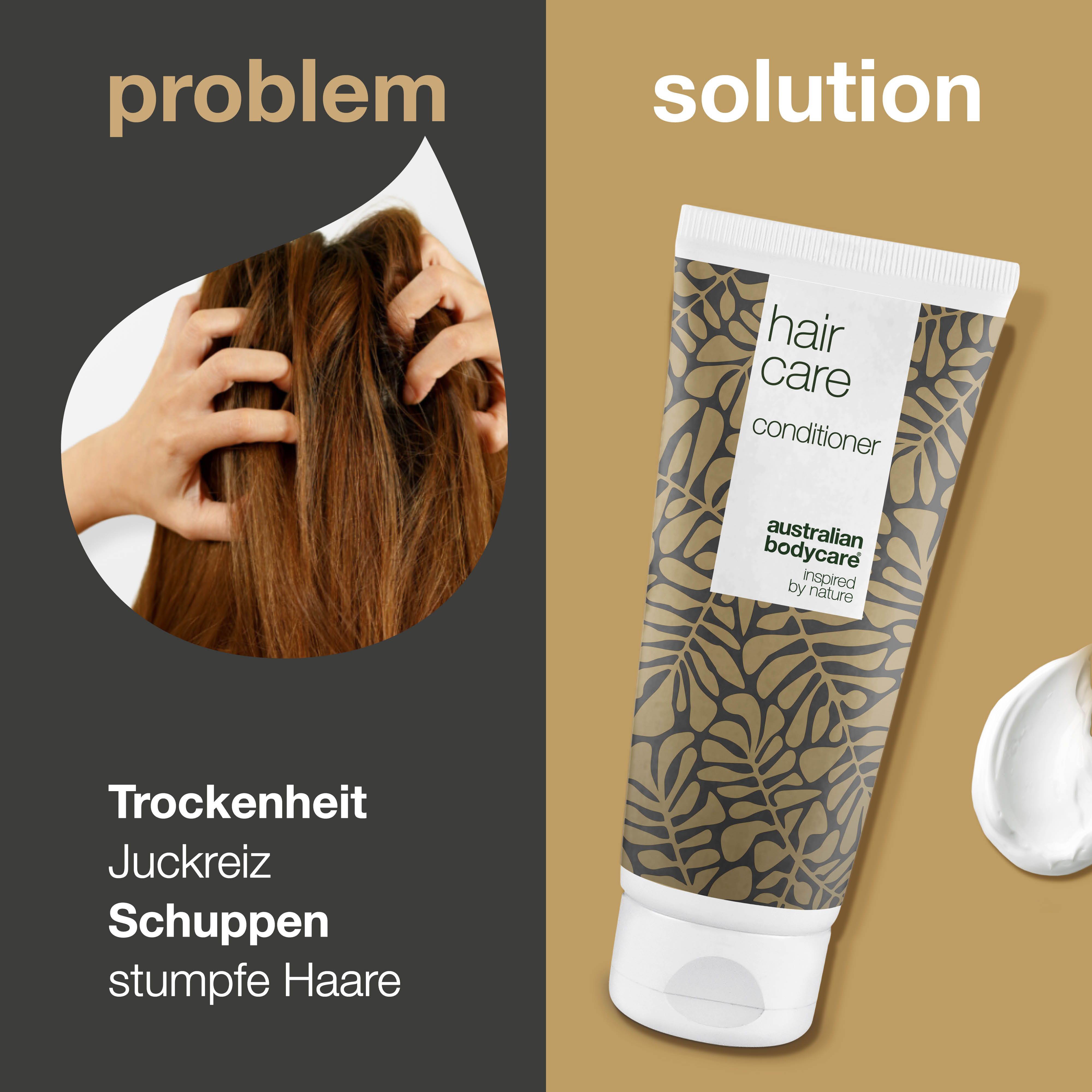 Vergleich: Problem und Lösung. Person mit trockenem Haar und Tube. Aufschrift: Hair Care, Conditioner, Australian Bodycare.
