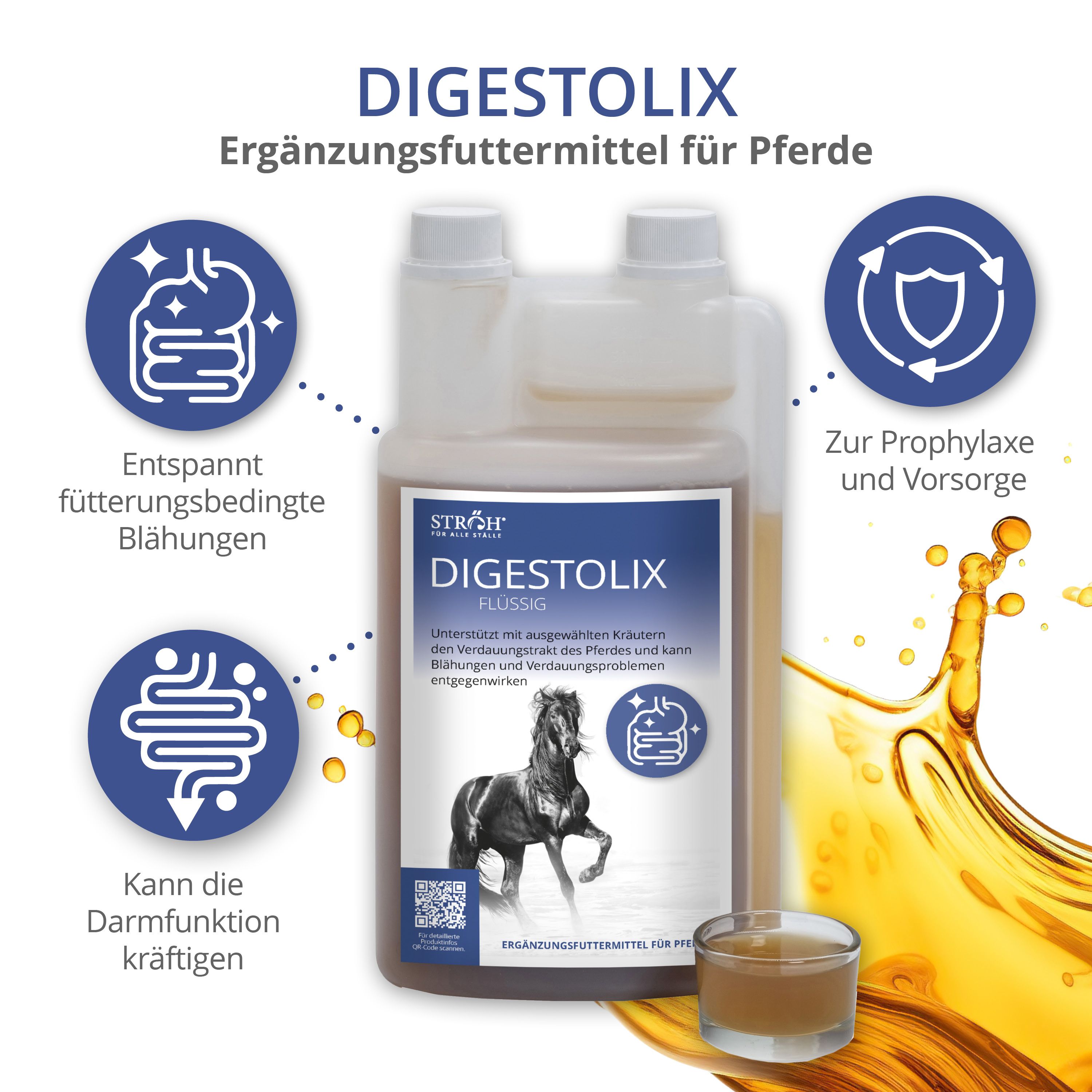 STRÖH DIGESTOLIX Flüssig in Flasche. Ergänzungsfuttermittel für Pferde. Produkt mit Illustrationen und einem Messbecher.