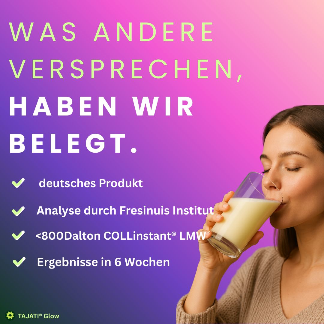 Frau trinkt Getränk. Deutsches Produkt. Analyse durch Fresenius Institut. Ergebnisse in 6 Wochen.