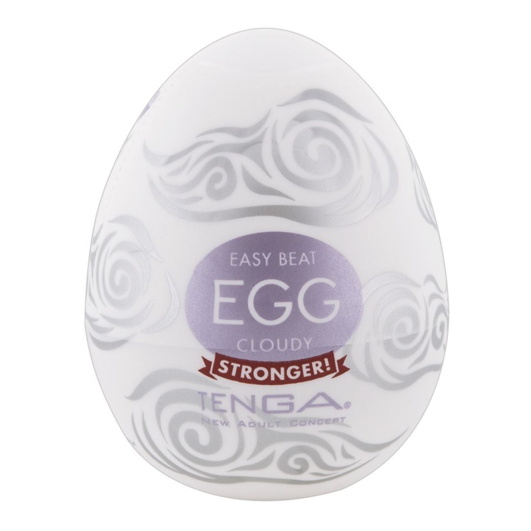 Weißes Ei mit grauen Wirbelmustern. Auf dem Ei steht "EGG Cloudy" und "TENGA".