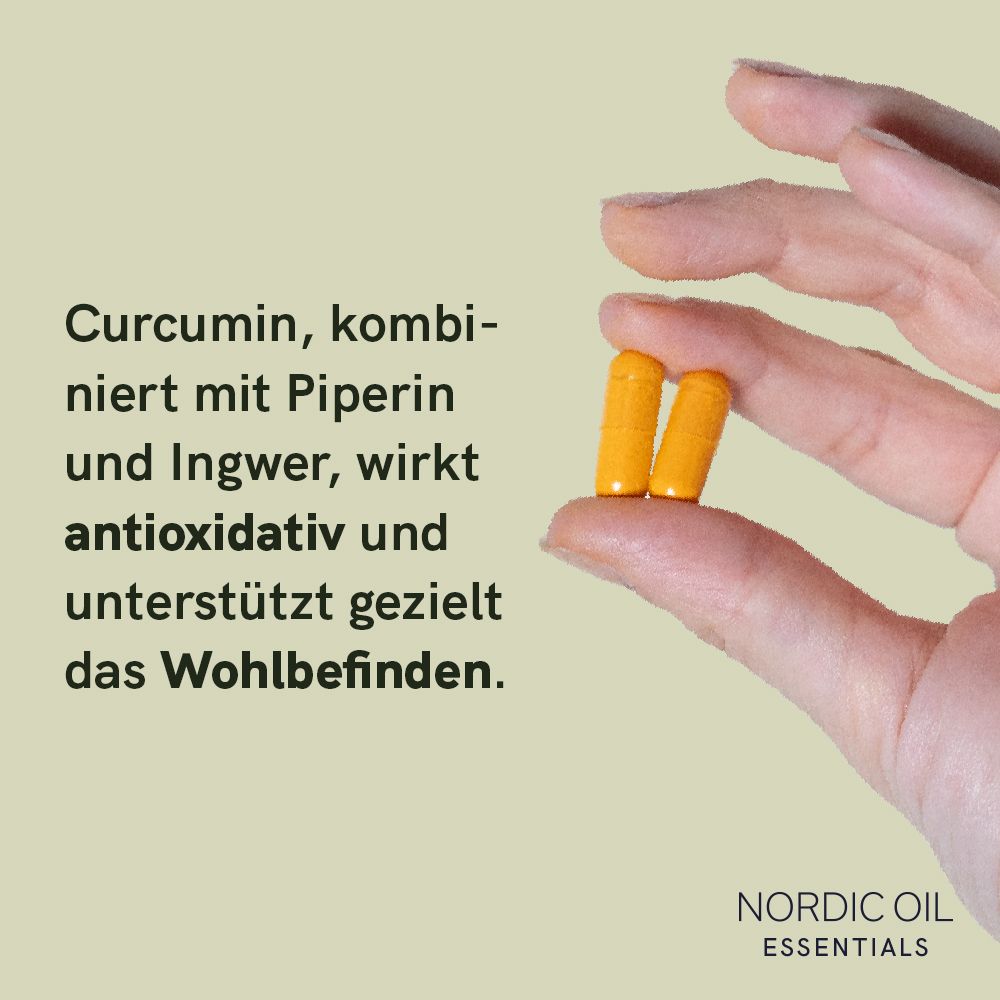 Hand hält zwei gelbe Kapseln. Text: Curcumin, kombiniert mit Piperin und Ingwer, wirkt antioxidativ und unterstützt das Wohlbefinden. Logo.