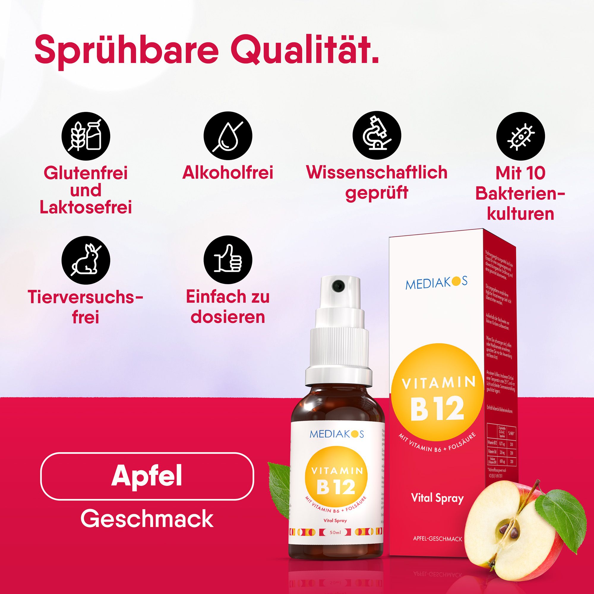 Grafik mit Icons: Glutenfrei, alkoholfrei, wissenschaftlich geprüft, 10 Bakterienkulturen, tierversuchsfrei, einfach zu dosieren. Flasche und Verpackung.