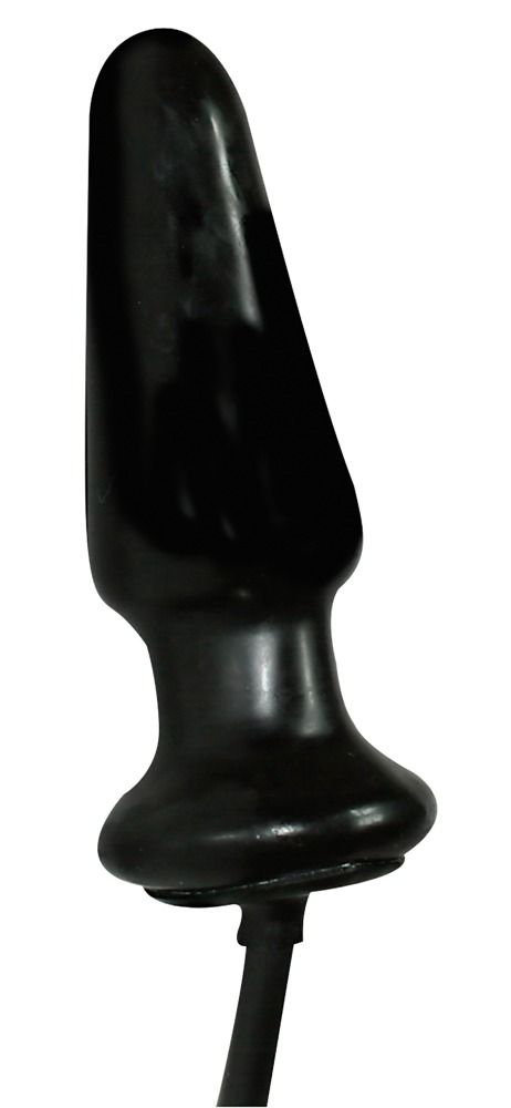 Schwarzer Analplug. Konische Form mit breiter Basis. Schwarzer Schlauchanschluss an der Basis.