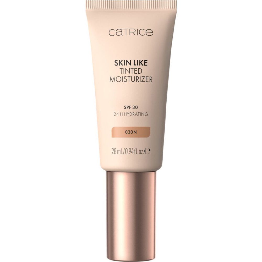 Beige Tube mit Aufschrift Catrice, Skin Like, getönte Feuchtigkeitscreme, SPF 30. 28 ml. Farbton 030N. Mit Pumpverschluss.