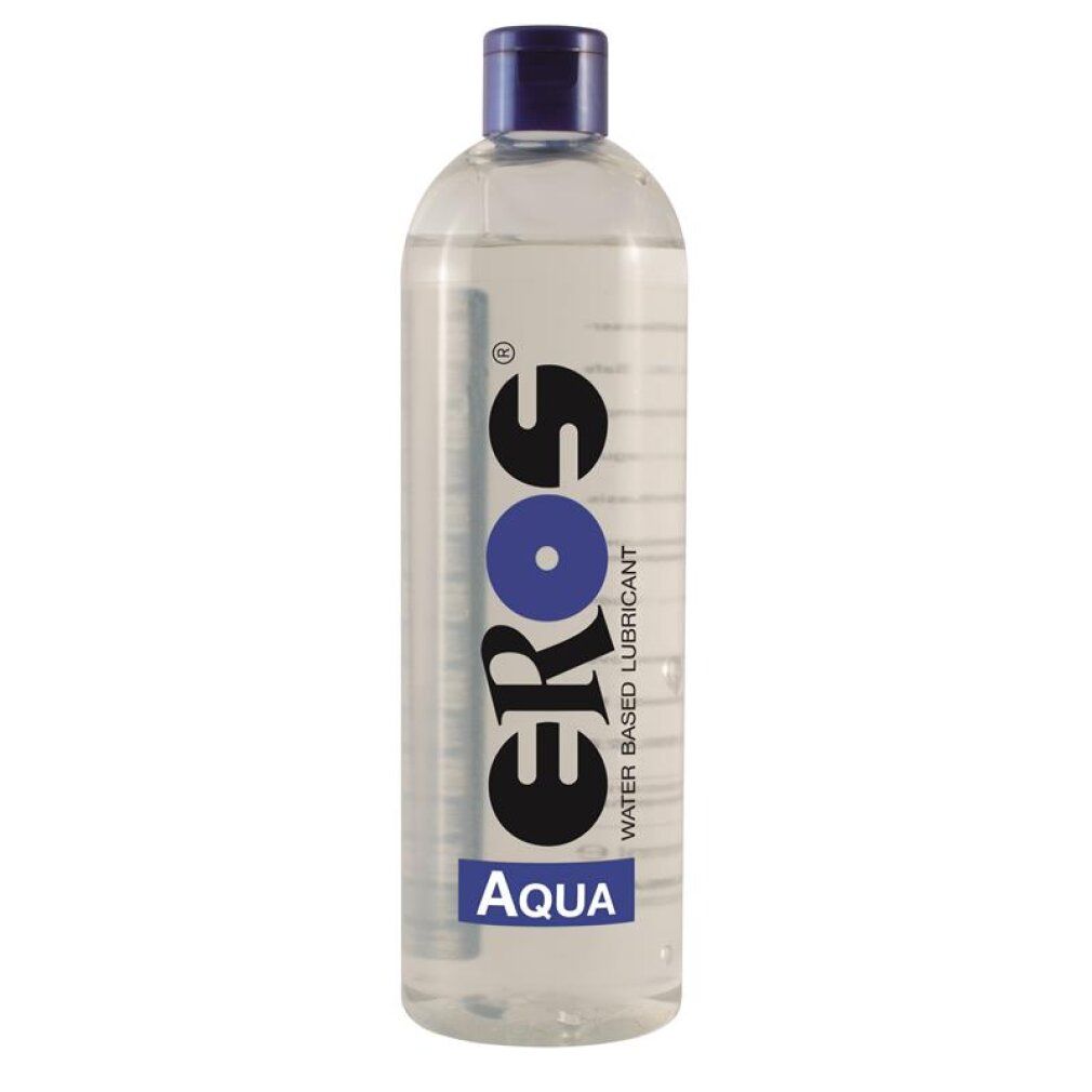 Eros Aqua Gleitgel auf Wasserbasis in transparenter Flasche mit blauem Verschluss.