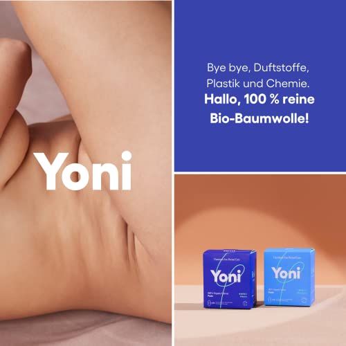 Nahaufnahme eines Körpers mit Yoni-Logo und Text: 100% reine Bio-Baumwolle. Zwei Schachteln mit Yoni-Produkten.