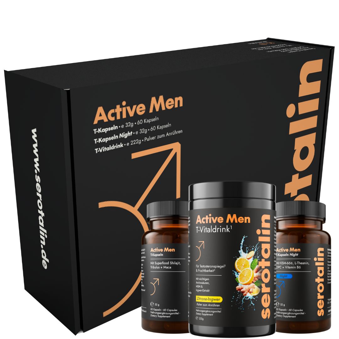 Schwarze Box mit drei Produkten: zwei Flaschen und eine Dose. Aufschrift: Active Men. Produkte vor der Box platziert.