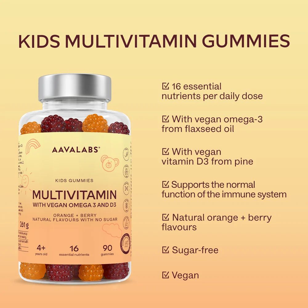 Flasche und Karton mit Kindern-Multivitamin-Gummibärchen, orange und rot, mit Produktmerkmalen.