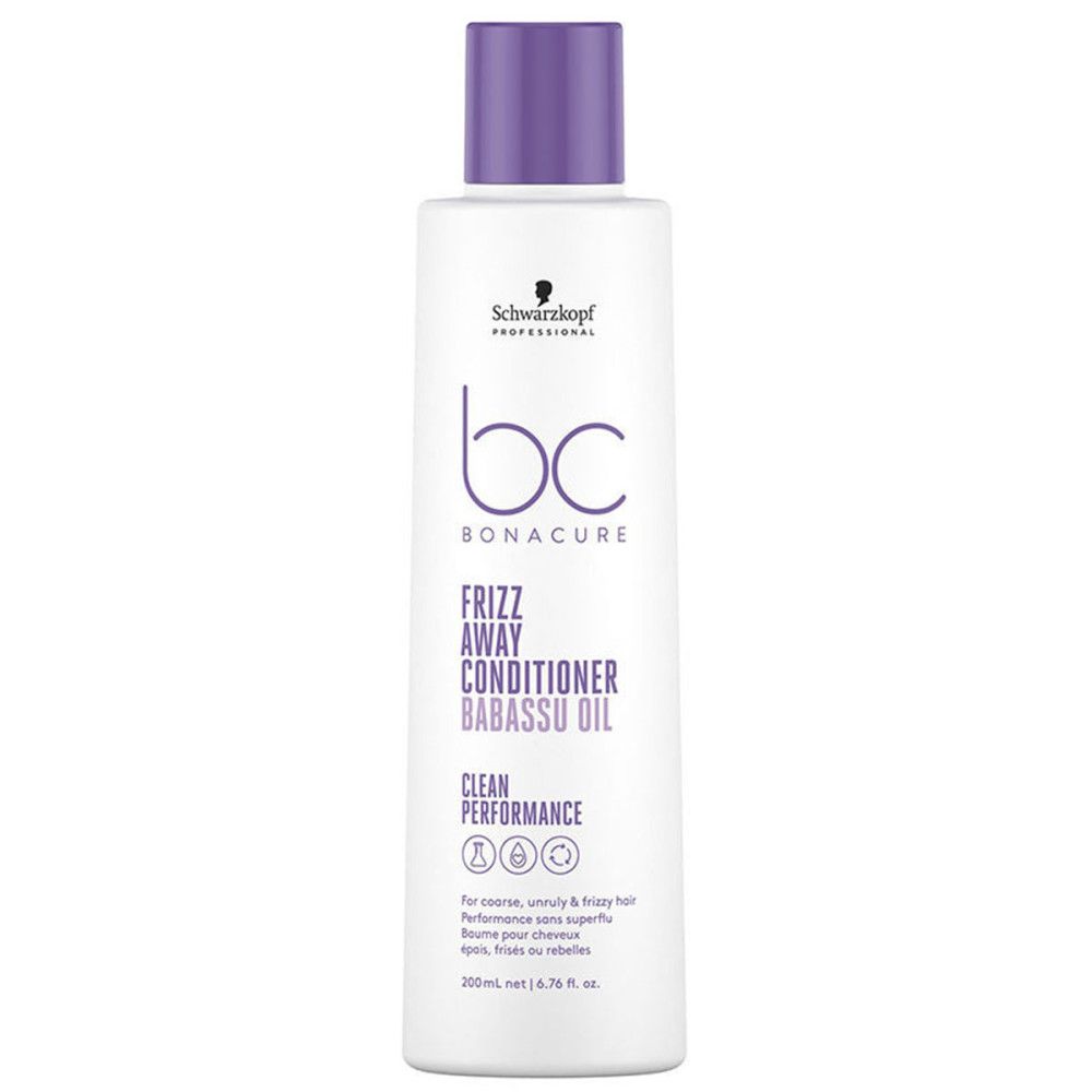 Weiße Flasche mit lila Verschluss. Aufschrift: Schwarzkopf Professional, bc bonacure, Frizz Away Conditioner Babassu Oil.
