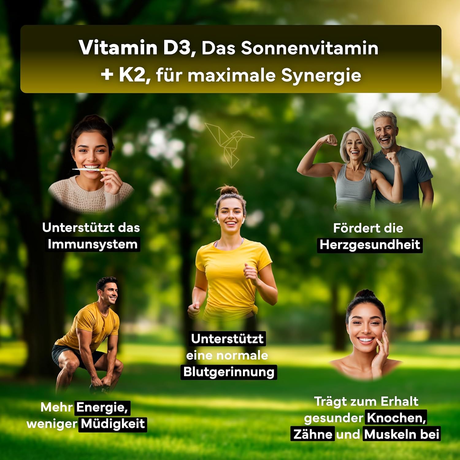 Grafik mit Menschen und Icons. Text: Vitamin D3, K2. Unterstützt Immunsystem, Herzgesundheit, Knochen.