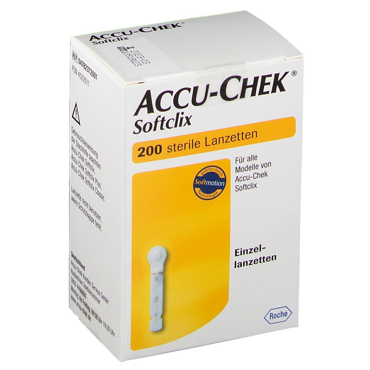 Schachtel mit ACCU-CHEK Softclix Lanzetten. Aufdruck: 200 sterile Lanzetten. Einzel-Lanzetten. Roche Logo und eine Lanzette.